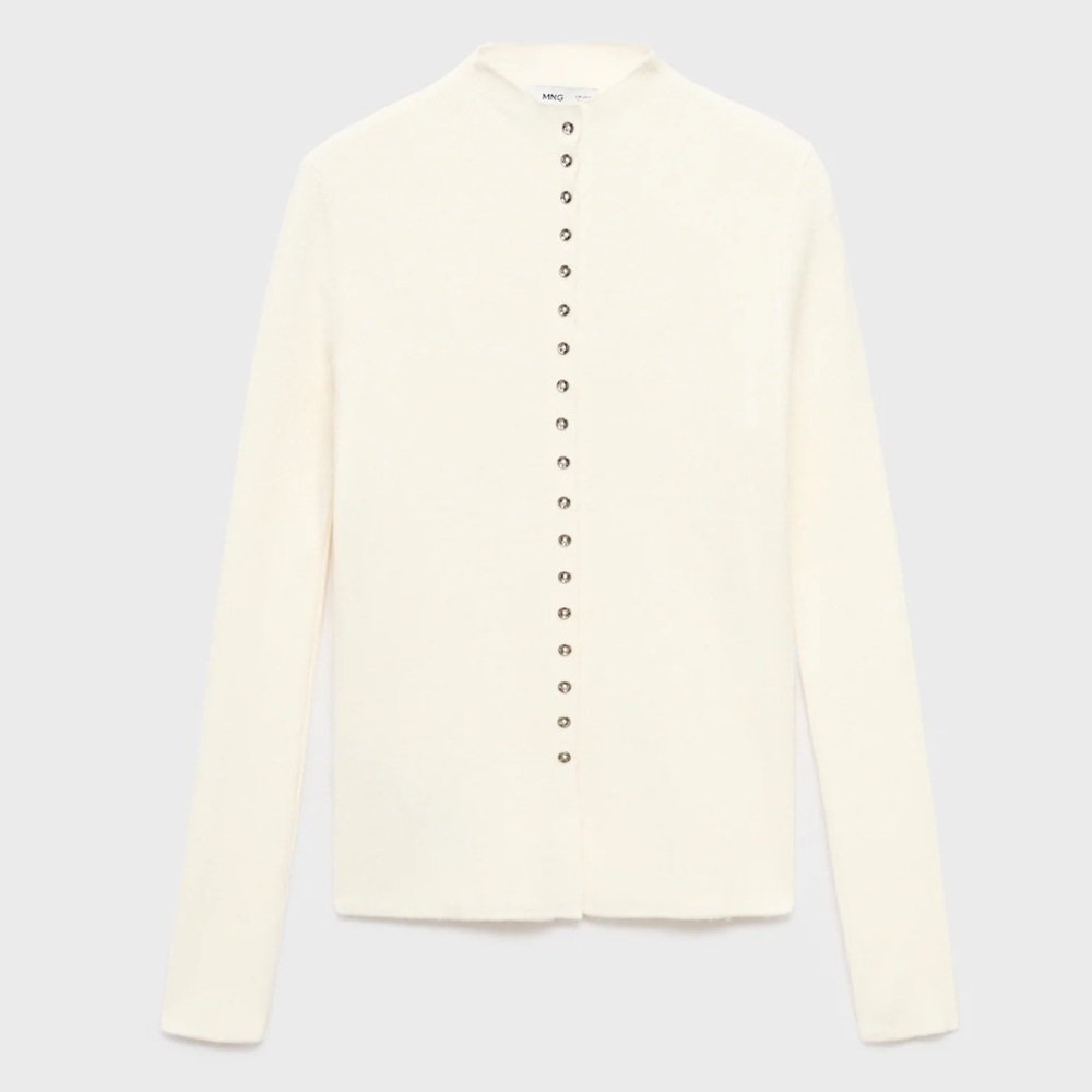 Mango XL Ivory Fine Knit Ribbed Mock Neck Mini Button Front Wool Blend Cardigan - Picture 4 of 16